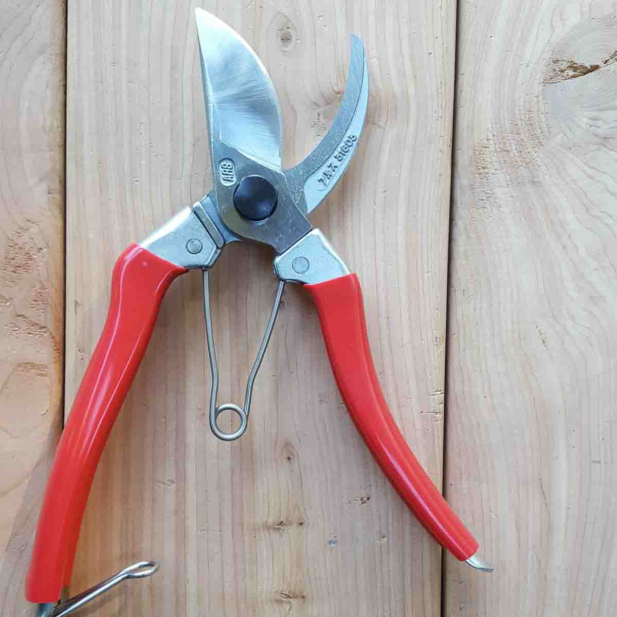 This heavy duty pruner has a matching heavy duty spring to re-open the handle preventing fatigue and a clasp at the end of the handle for closure.