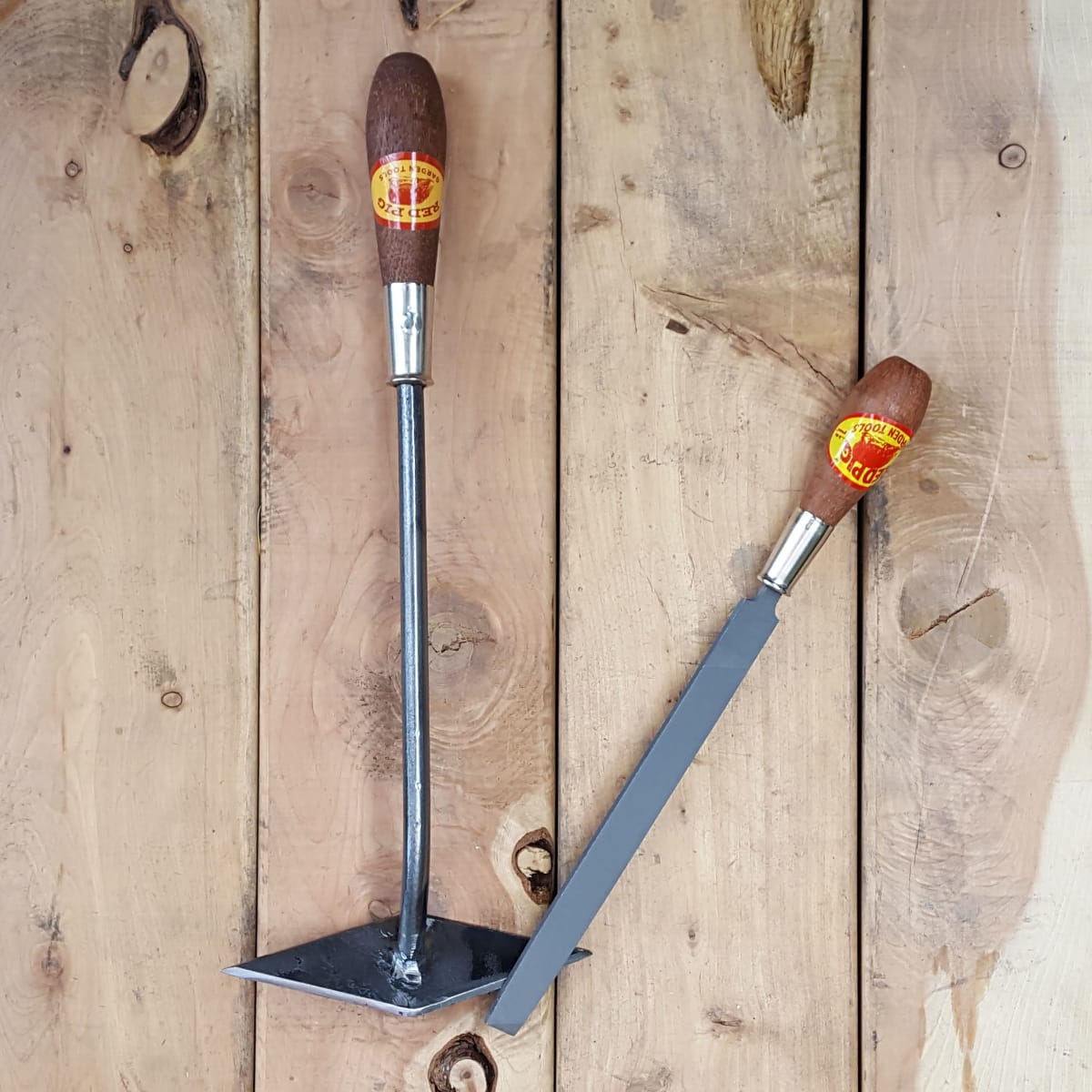 The 8" file is seen here with the diamond hoe, our most popular scuffle hoe.