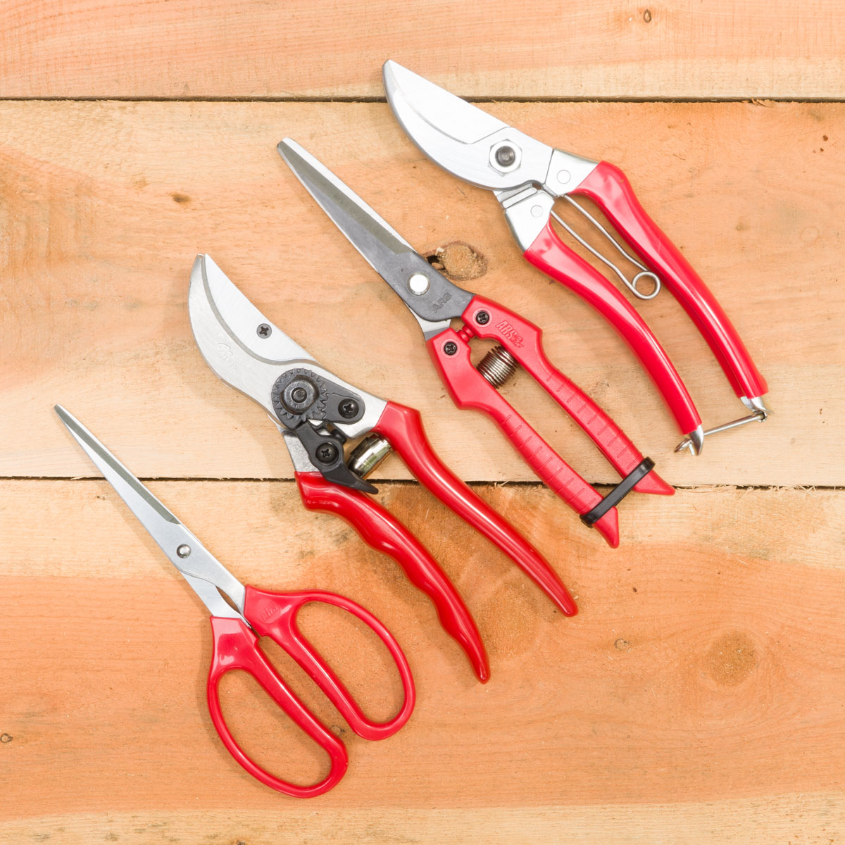 Comparison from left to right: ARS Garden Scissors, Hand Pruner (GrowTech), ARS Onion Scissors, ARS Heavy Duty Drop-Forged Hand Pruner (120S8)