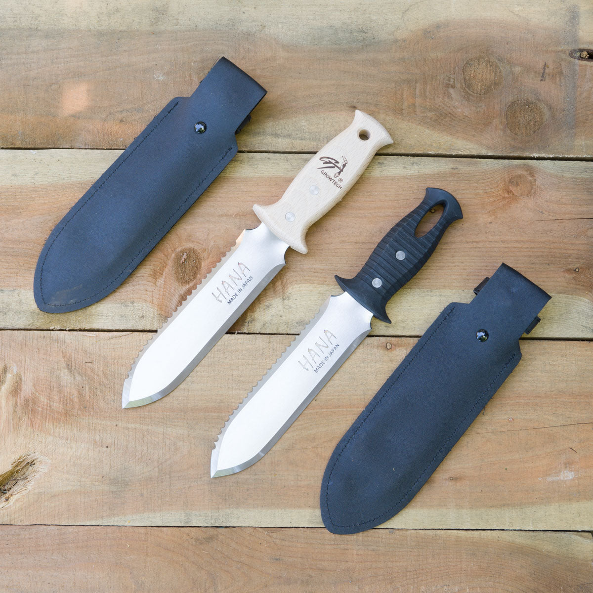 Wooden handle (left) compared to rubber handle (right)