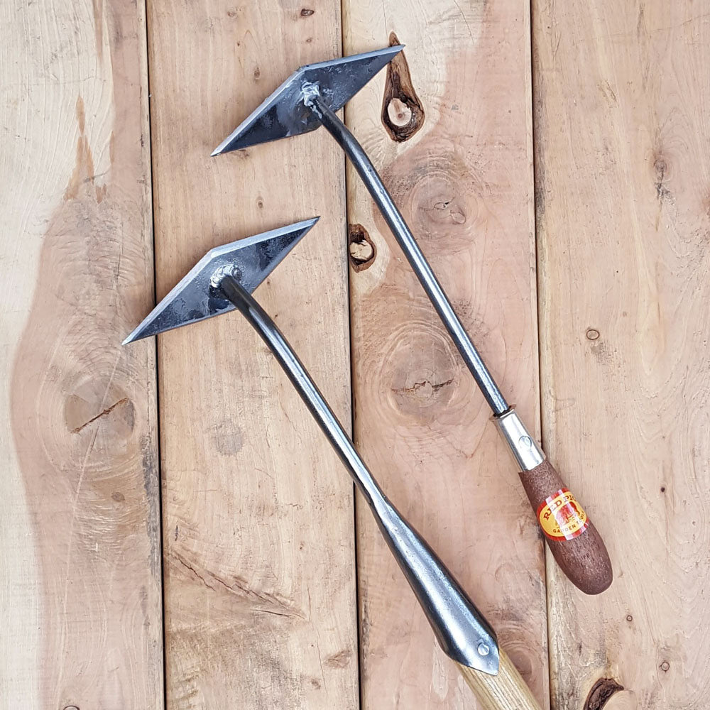 Short-handled version of the diamond hoe compared to the tool on a long handle with a forged solid socket.