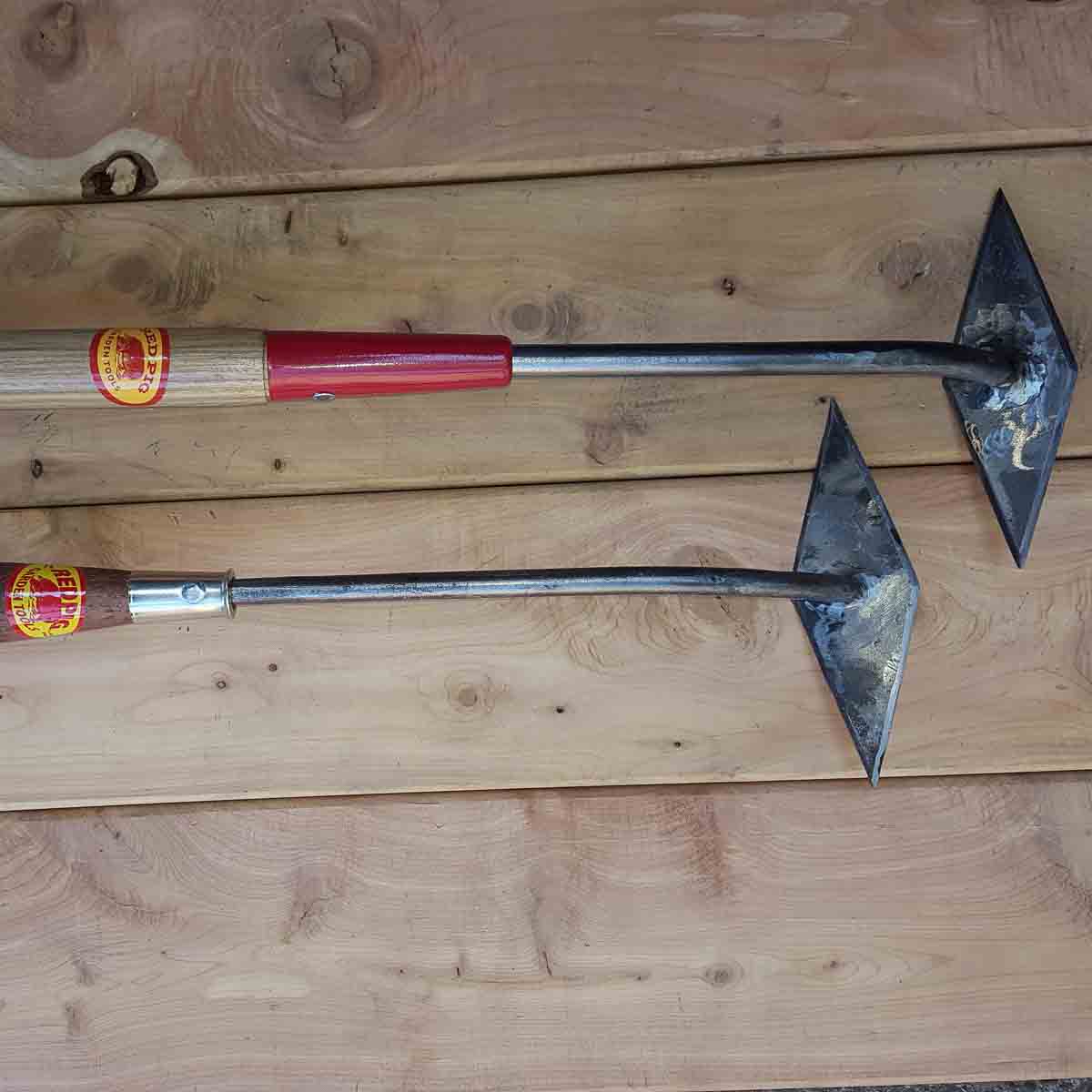 We often put our roughly 4 to 5 inch diamond hoes on longer handles, from 18 inches up to full size stand up handles, and make a 9 inch one for stand up only.