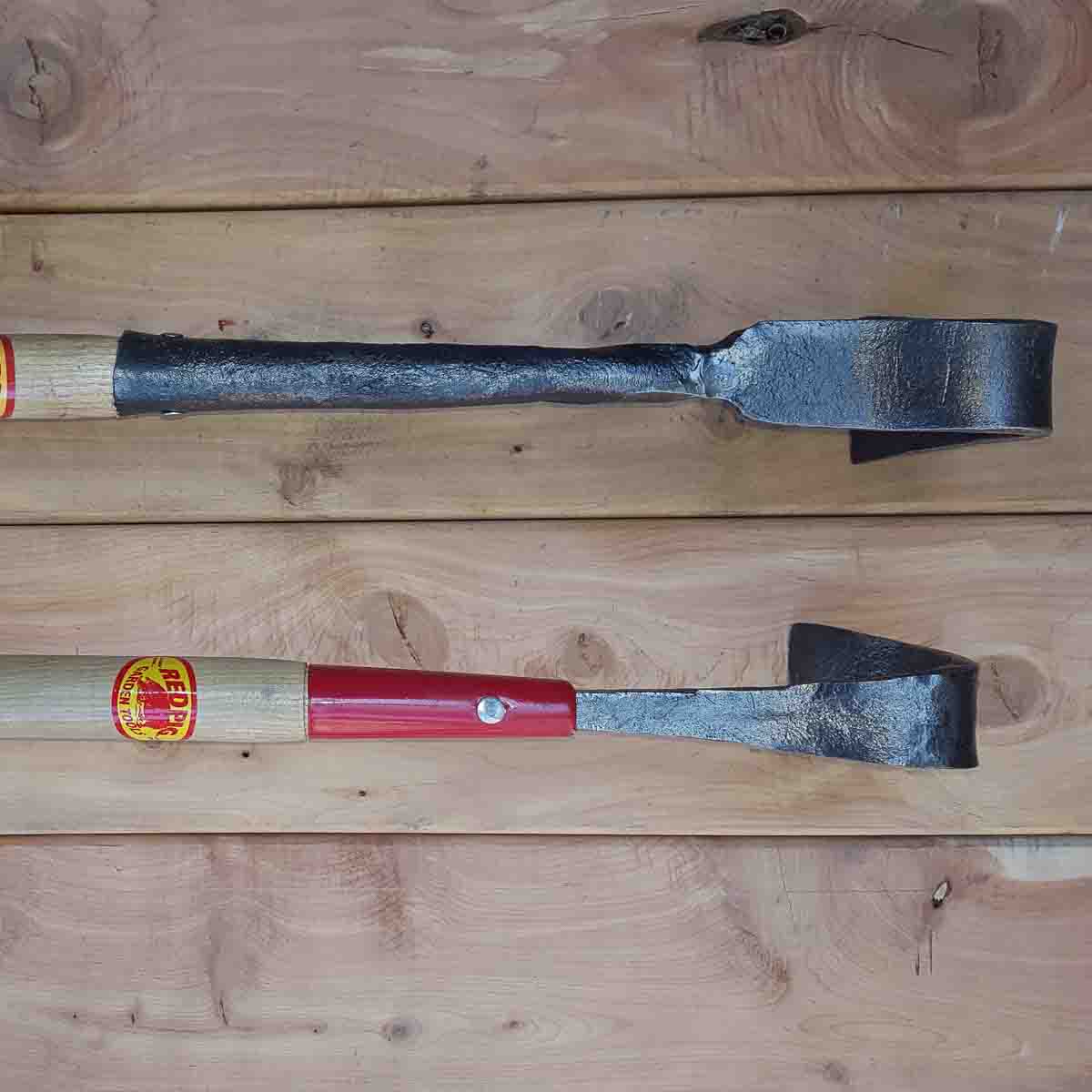 The bottom version with tang and ferrule is slightly lighter weight and costs less because it takes a long time to hammer the sockets on the standard version.