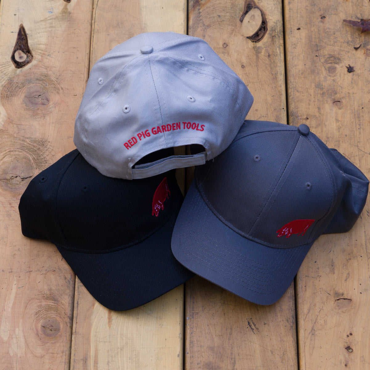 The hats with the Red Pig only are also embroidered at the back with RED PIG GARDEN TOOLS.