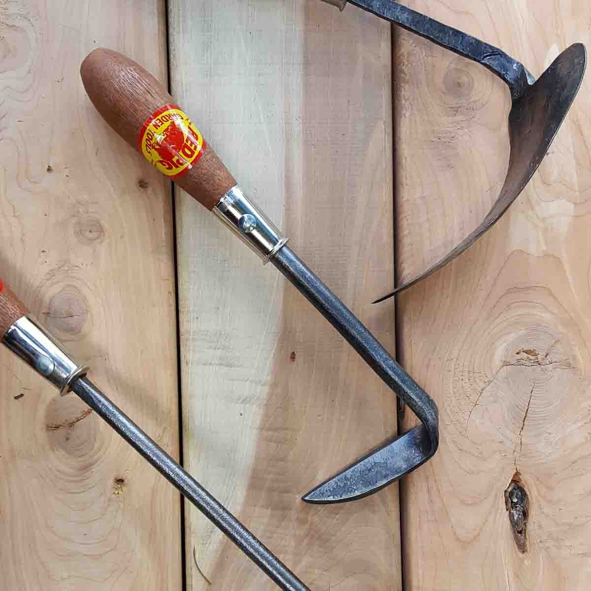 We also make a left handed version of the hand plow (on top) as well as left handed cape cod weeders (center) and dutch hoes (not shown).