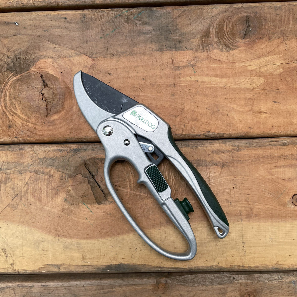 The ratchet pruning shear from Bulldog makes cutting through branches easier with its roll action.