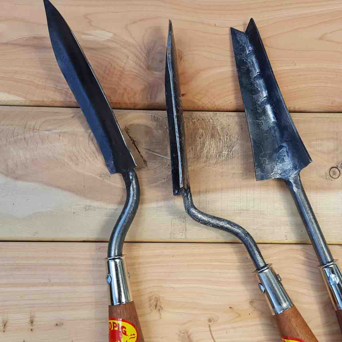 Narrow trowels from left to right are rockery trowel, potting trowel and sweeder.