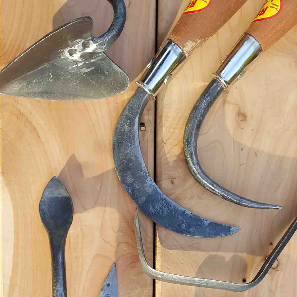 A hazeltine along with a crevice weeder, root hook, and a warren hoe.